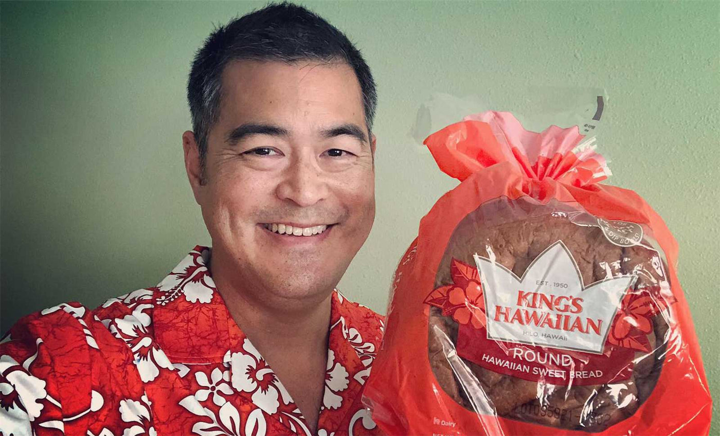 orange Hawaiian shirt worn in the King's Hawaiian Sweet Bread commercial