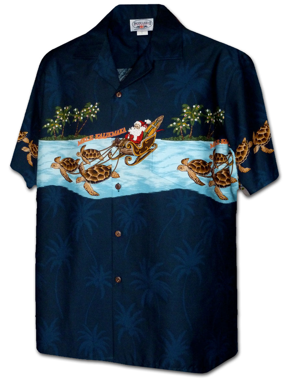 Santa Turtle Sleigh Ride Navy Hawaiian Shirt