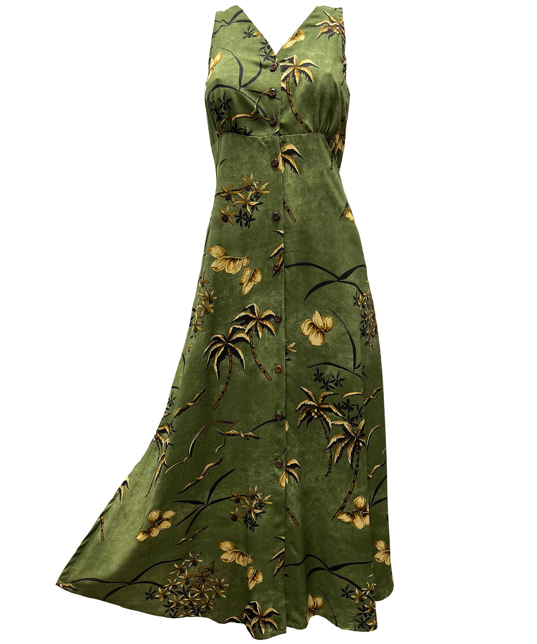 Retro Oasis Palms Moss Button Front Tank Dress