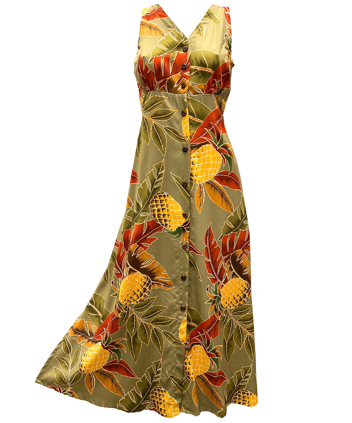Diamond Head Sportswear Women's - Retro Pineapple Olive Button Front Tank Dress - Women's Hawaiian Dress