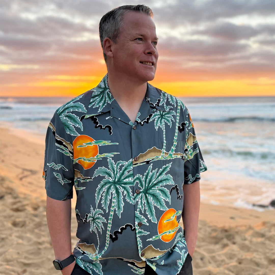 Retro Scenic Palm - Gray Hawaiian Shirt