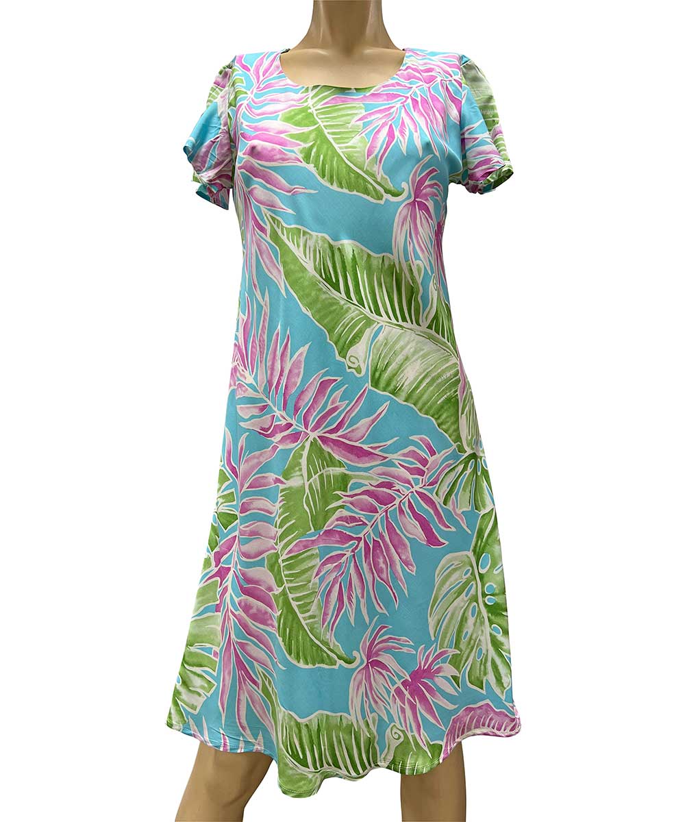 Cabana Palms Aqua A-Line Dress with Cap Sleeves