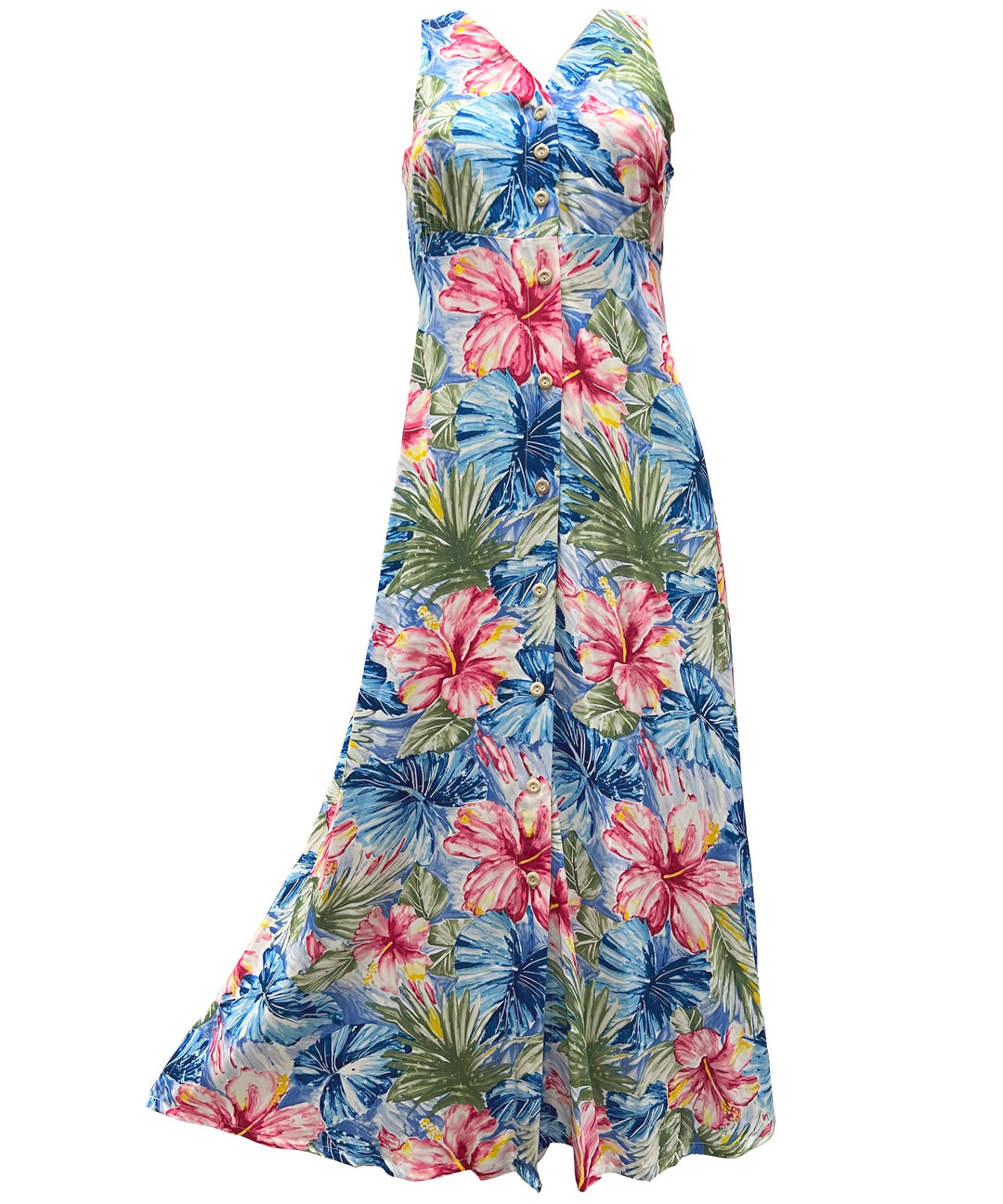 Painted Hibiscus Blue Button Front Tank Dress
