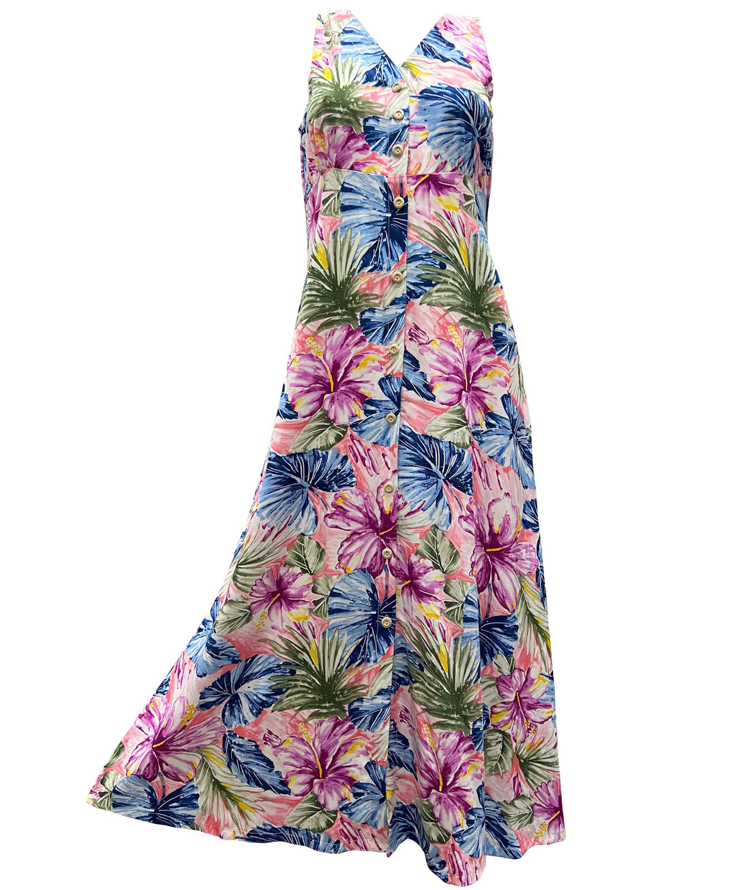 Painted Hibiscus Coral Button Front Tank Dress