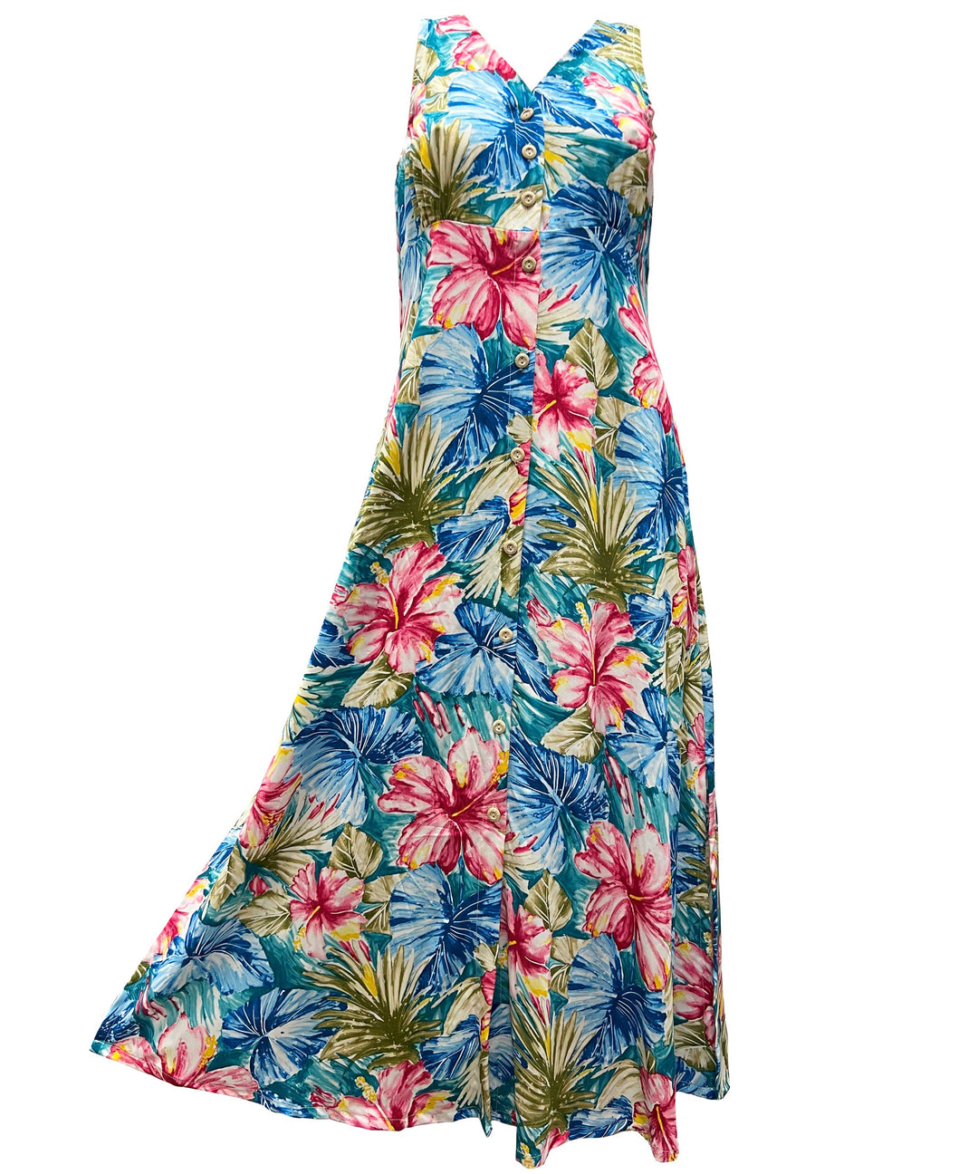 Painted Hibiscus Jade Button Front Tank Dress