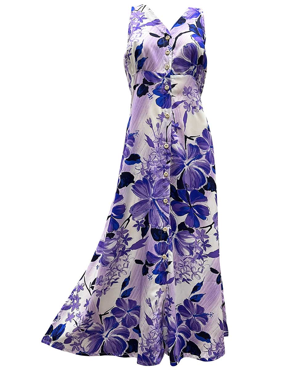 Watercolor Hibiscus Purple Button Front Tank Dress