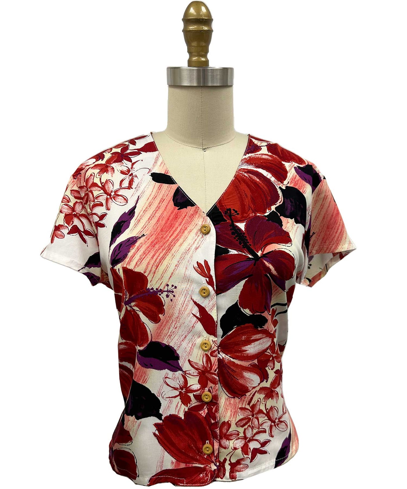 Ladies Watercolor Hibiscus Red V-Neck Blouse