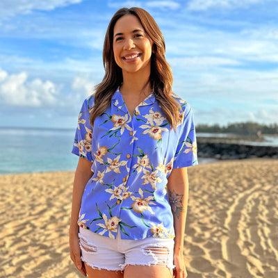 Women's Aloha Casual Shirts - Star Orchid Periwinkle Camp Shirt by Paradise Found