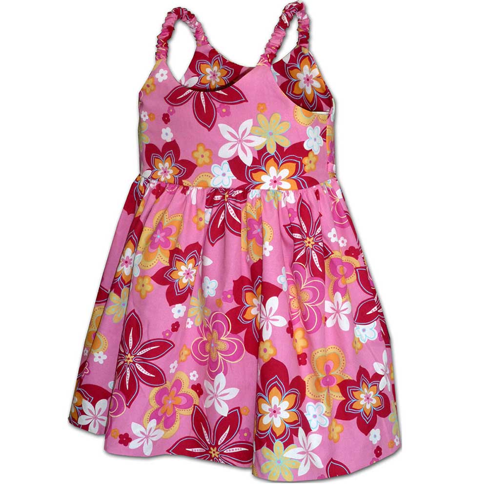 pink hawaiian print dress Groovy Flowers Pink Girl's Bungee Dress – AlohaFunWear.com