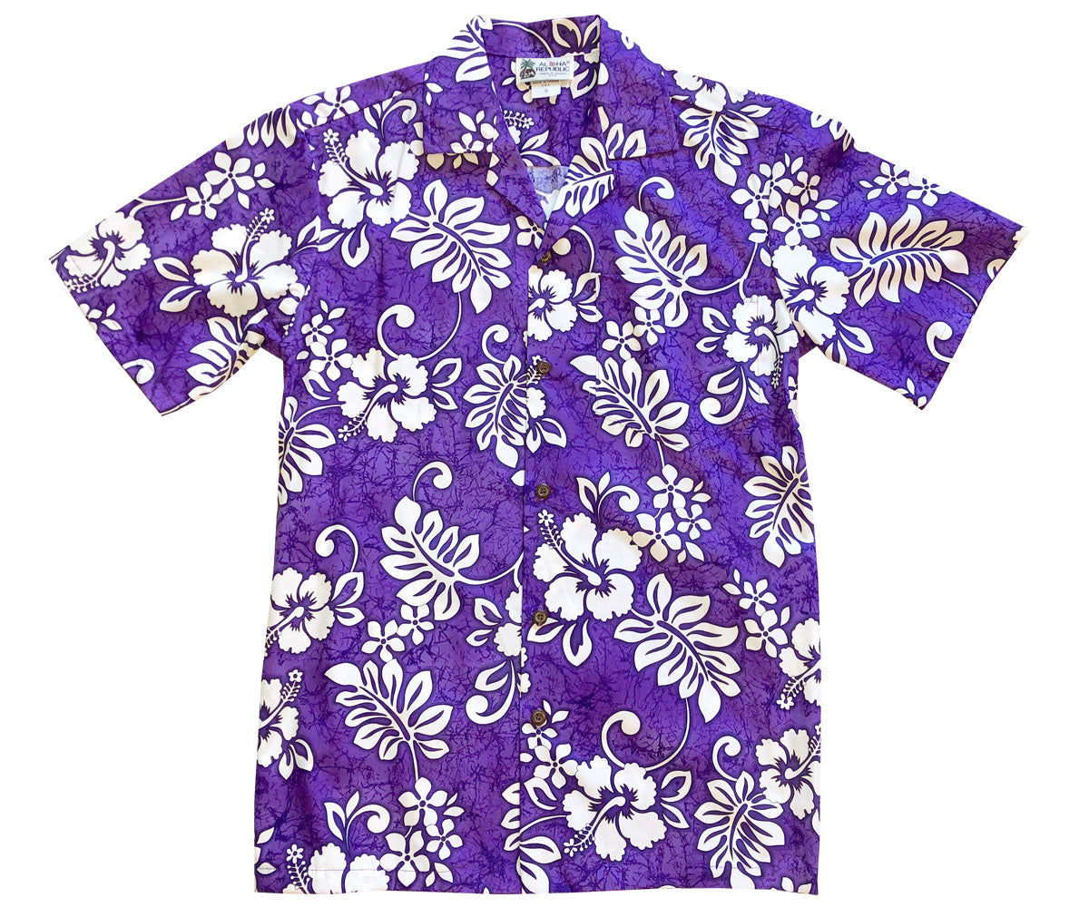 Two Palms Fern Hibiscus Purple Rayon Women's Hawaiian Shirt , XS