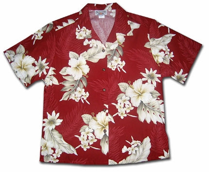 Pacific Legend White Hibiscus Ladies Hawaiian Shirts Red