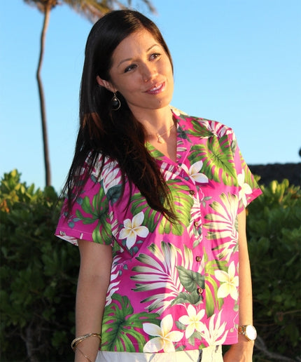 Pacific Legend MS Monstera Pink Fitted Women's Hawaiian Shirt X-Small