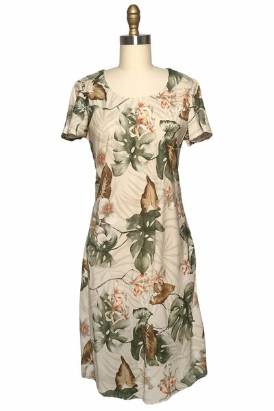 Orchid Monstera Beige A-Line Dress with Cap Sleeves