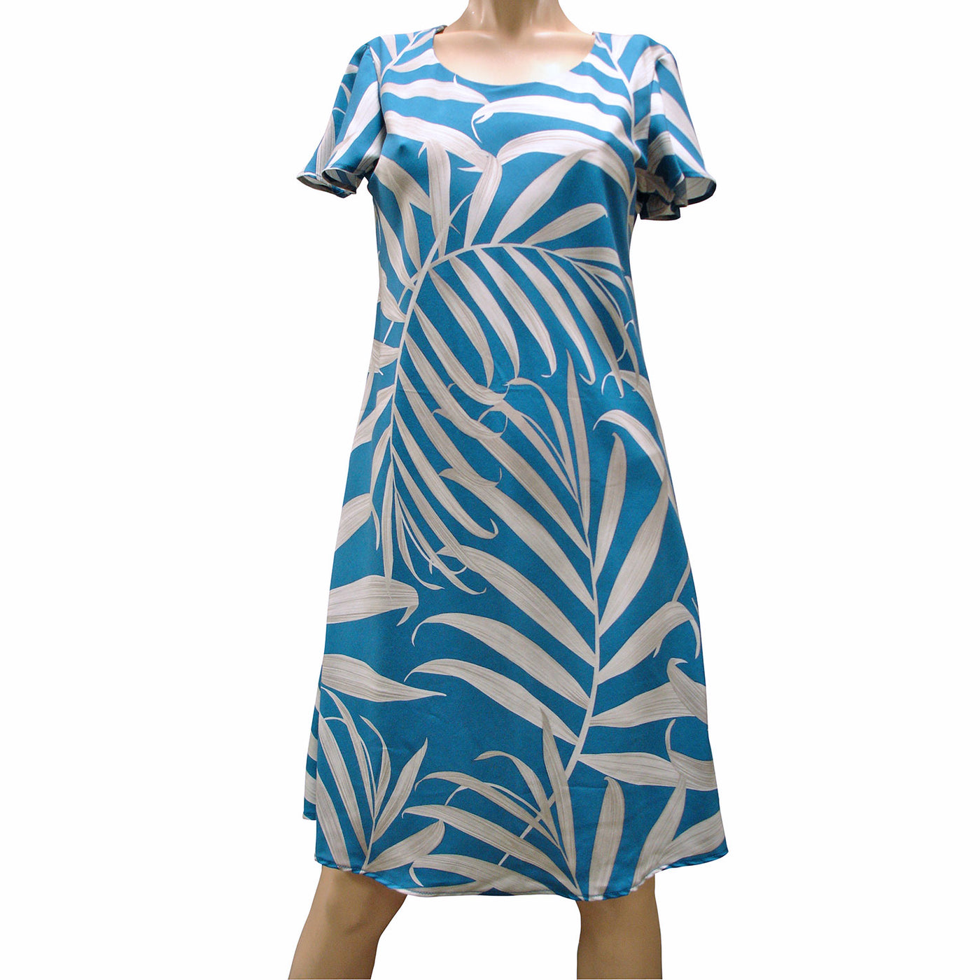 Islander Fronds Blue A-Line Dress with Cap Sleeves