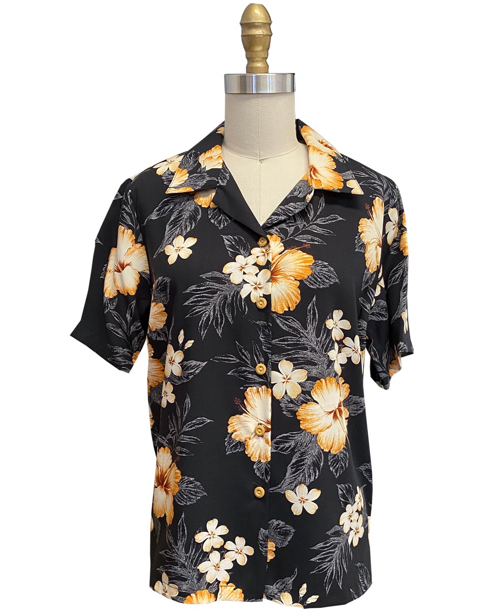 Women's Hibiscus Resort Black Camp Shirt