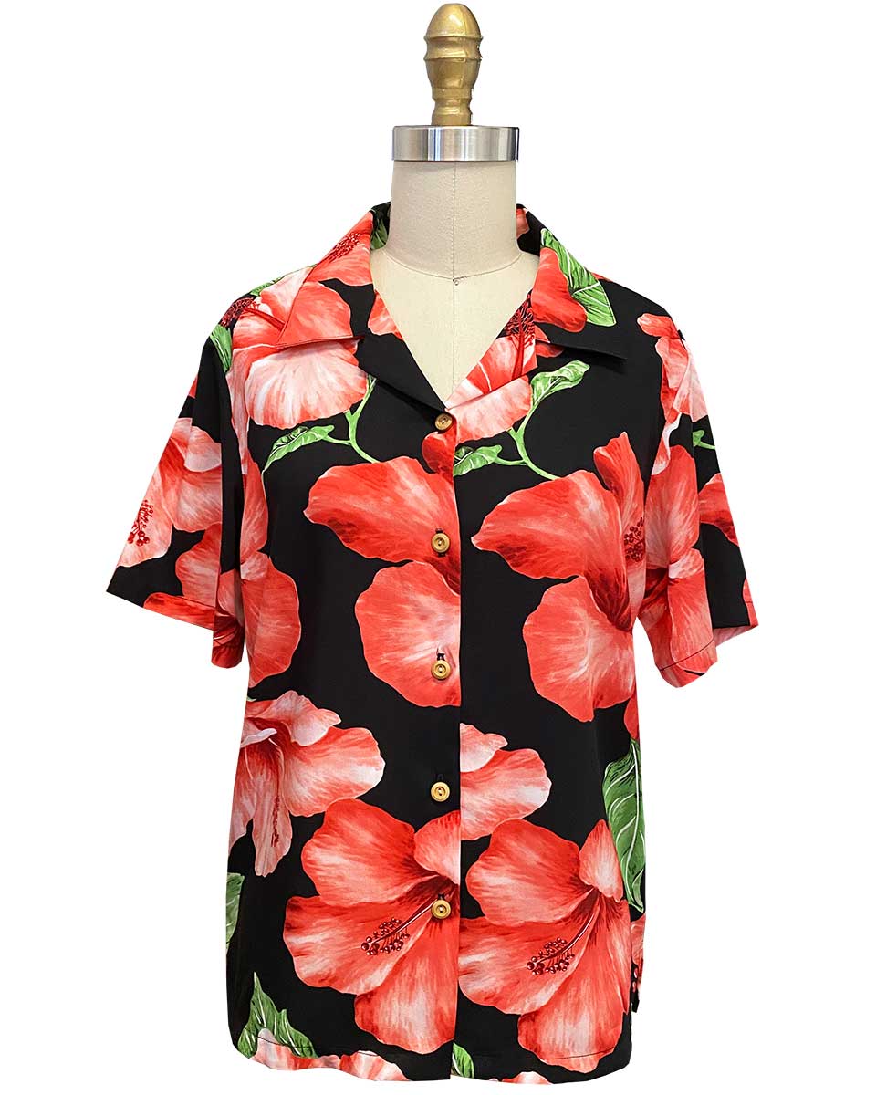 Women's Super Hibiscus Black Camp Shirt