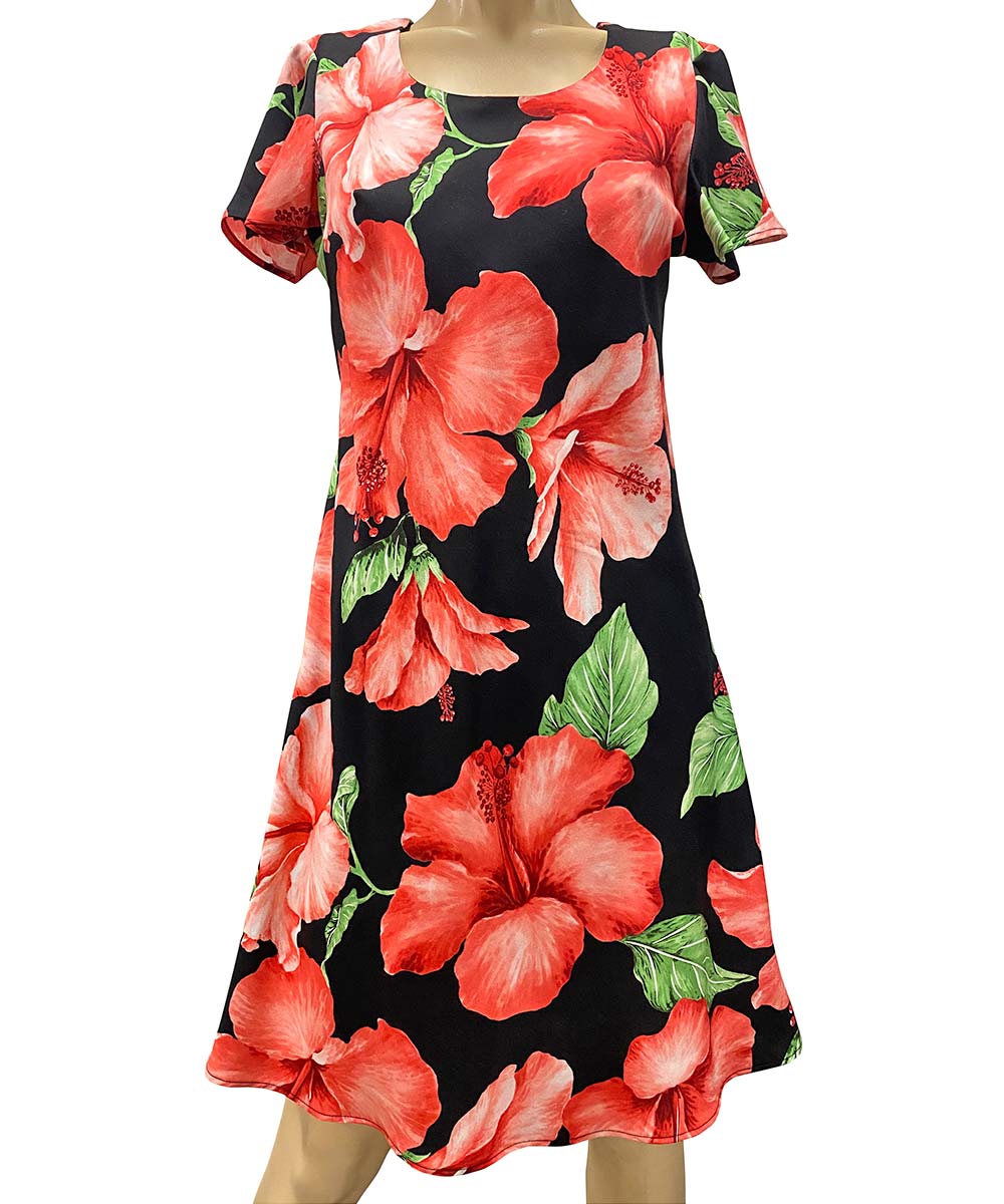 Super Hibiscus Black A-Line Dress with Cap Sleeves