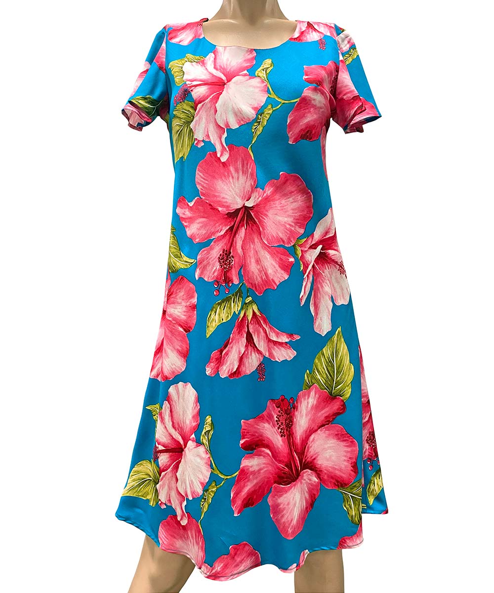 Super Hibiscus Teal A-Line Dress with Cap Sleeves