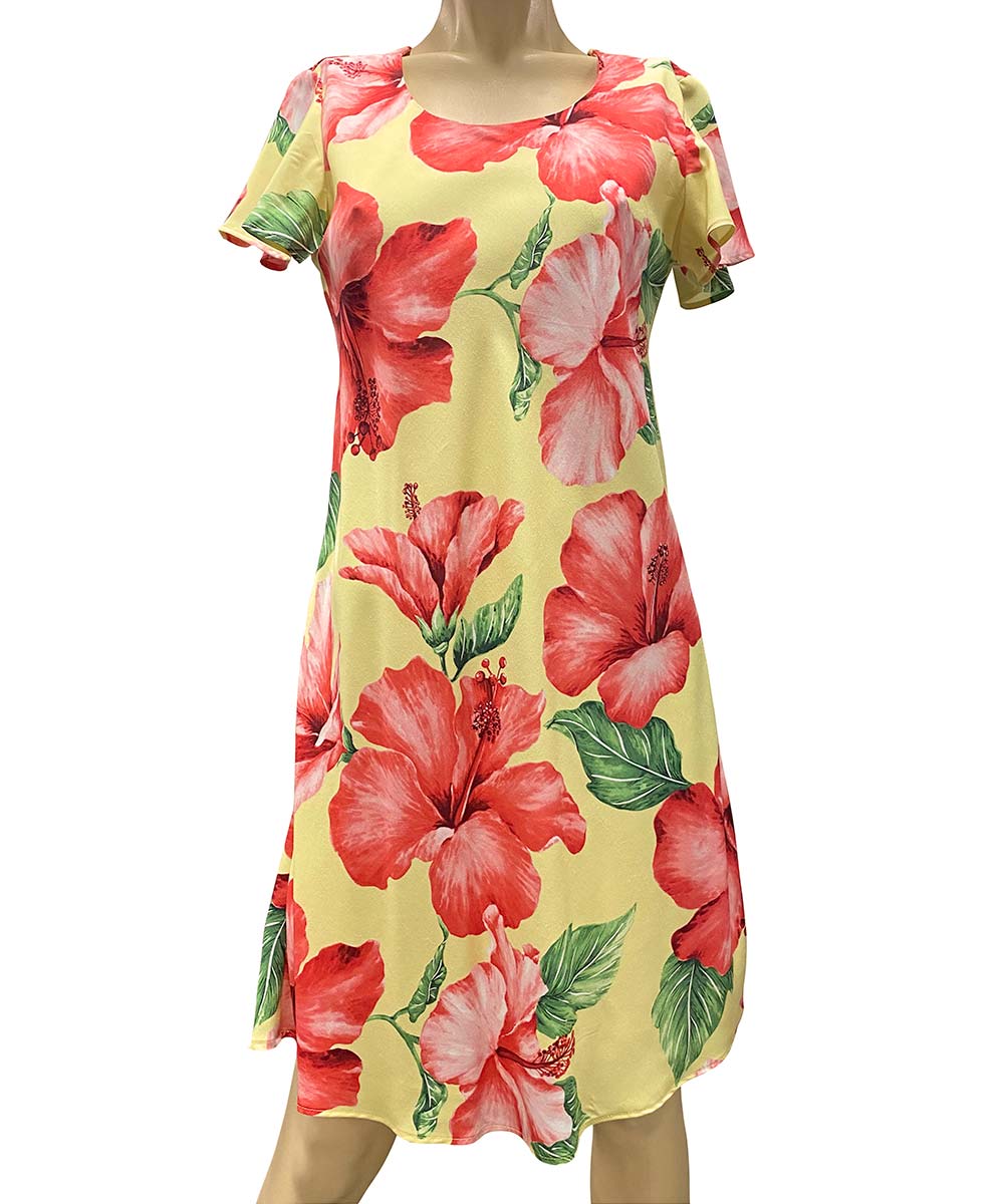 Super Hibiscus Yellow A-Line Dress with Cap Sleeves