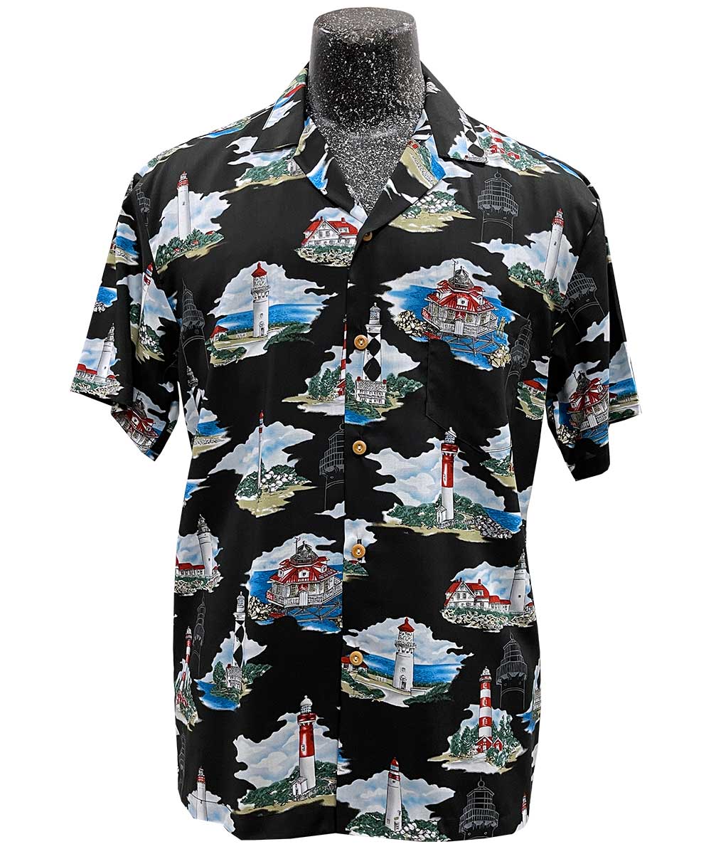 Paradise Found Ocean Lighthouse Black Hawaiian Shirt | AlohaFunWear.com