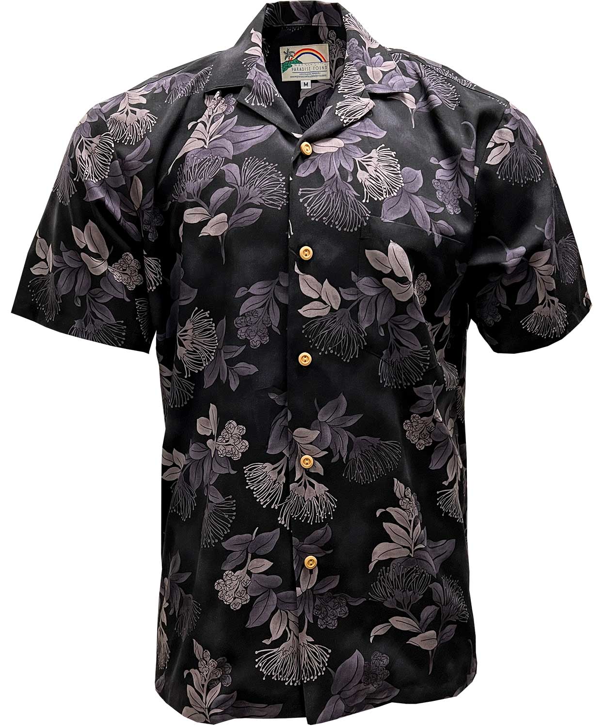 Paradise Island Men's Large Hawaiian Aloha Shirt Black Gray Floral