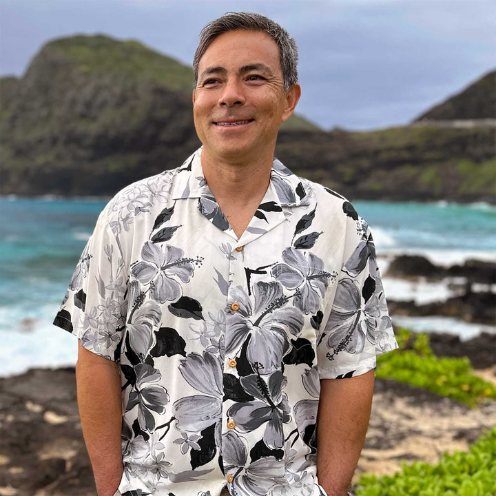 Watercolor Hibiscus Gray Hawaiian Shirt