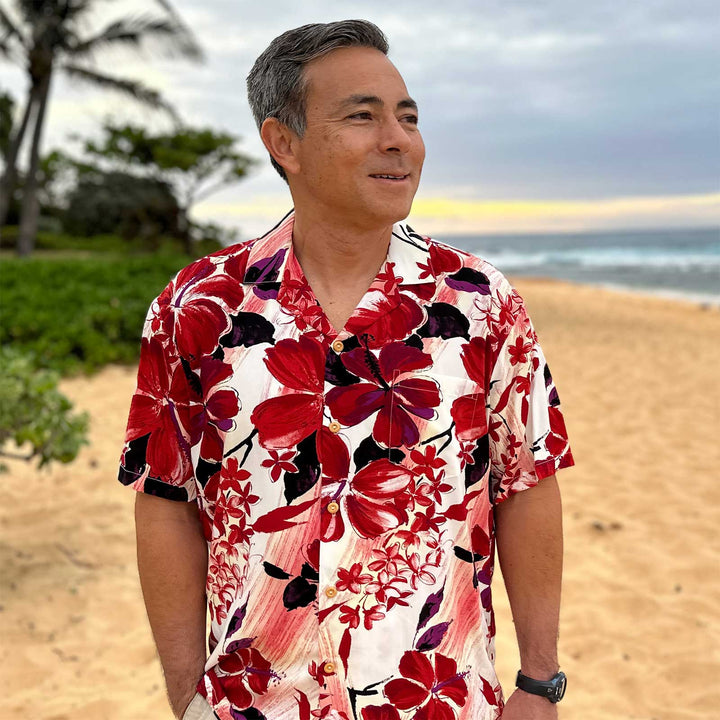 Watercolor Hibiscus Red Hawaiian Shirt