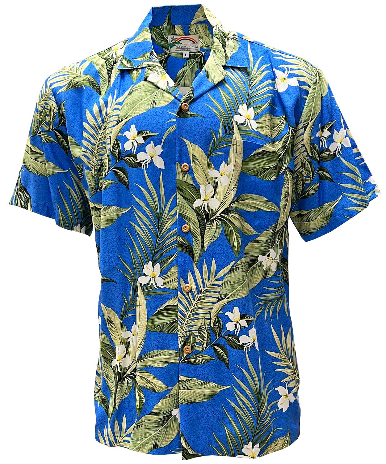 Paradise Found White Ginger Blue Hawaiian Shirt Large