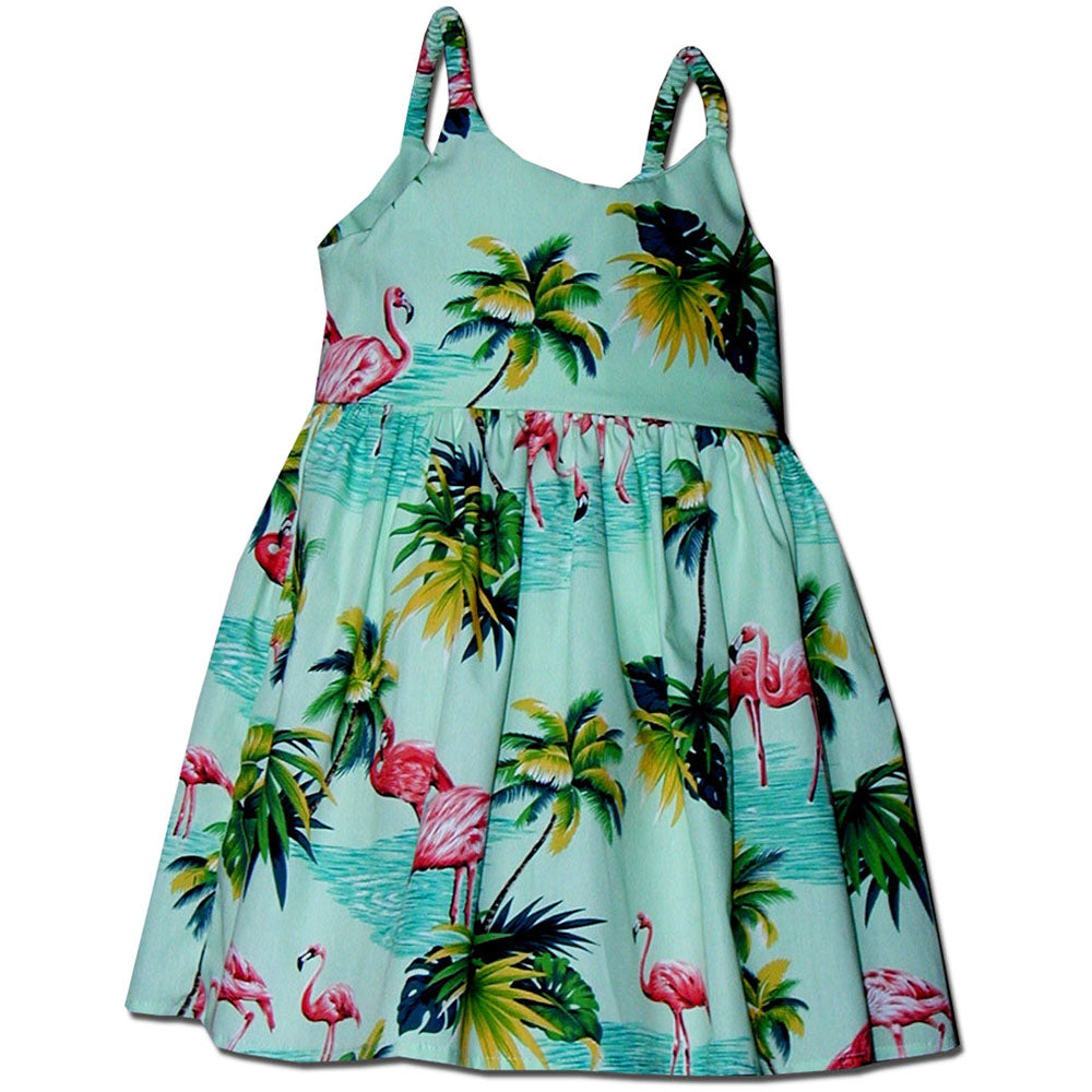 Girls Bungee Sundress Flamingos Sage / 1-2 Girls Bungee Sundress Flamingos Sage / 1-2