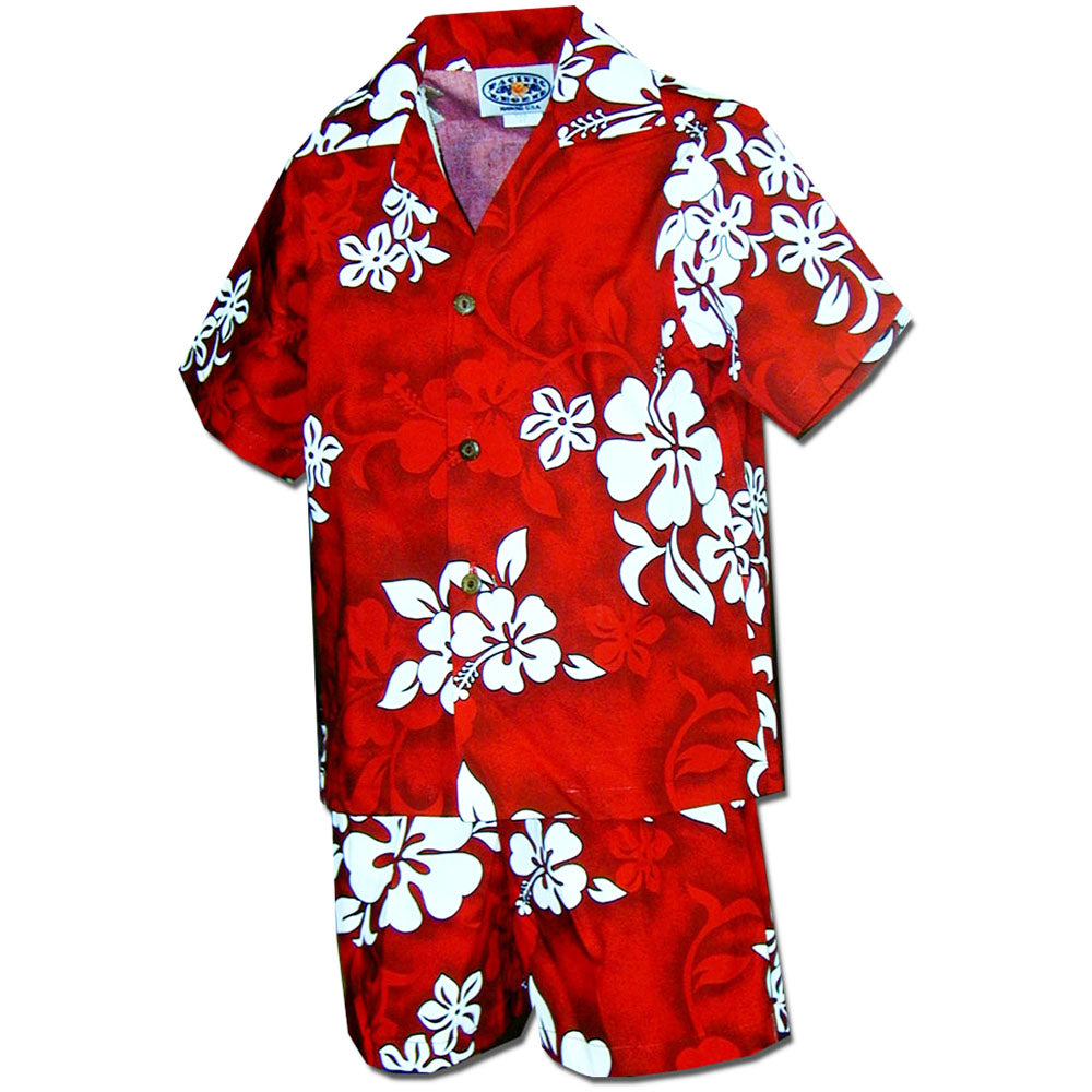 White Flower Red Boy's Cabana Set