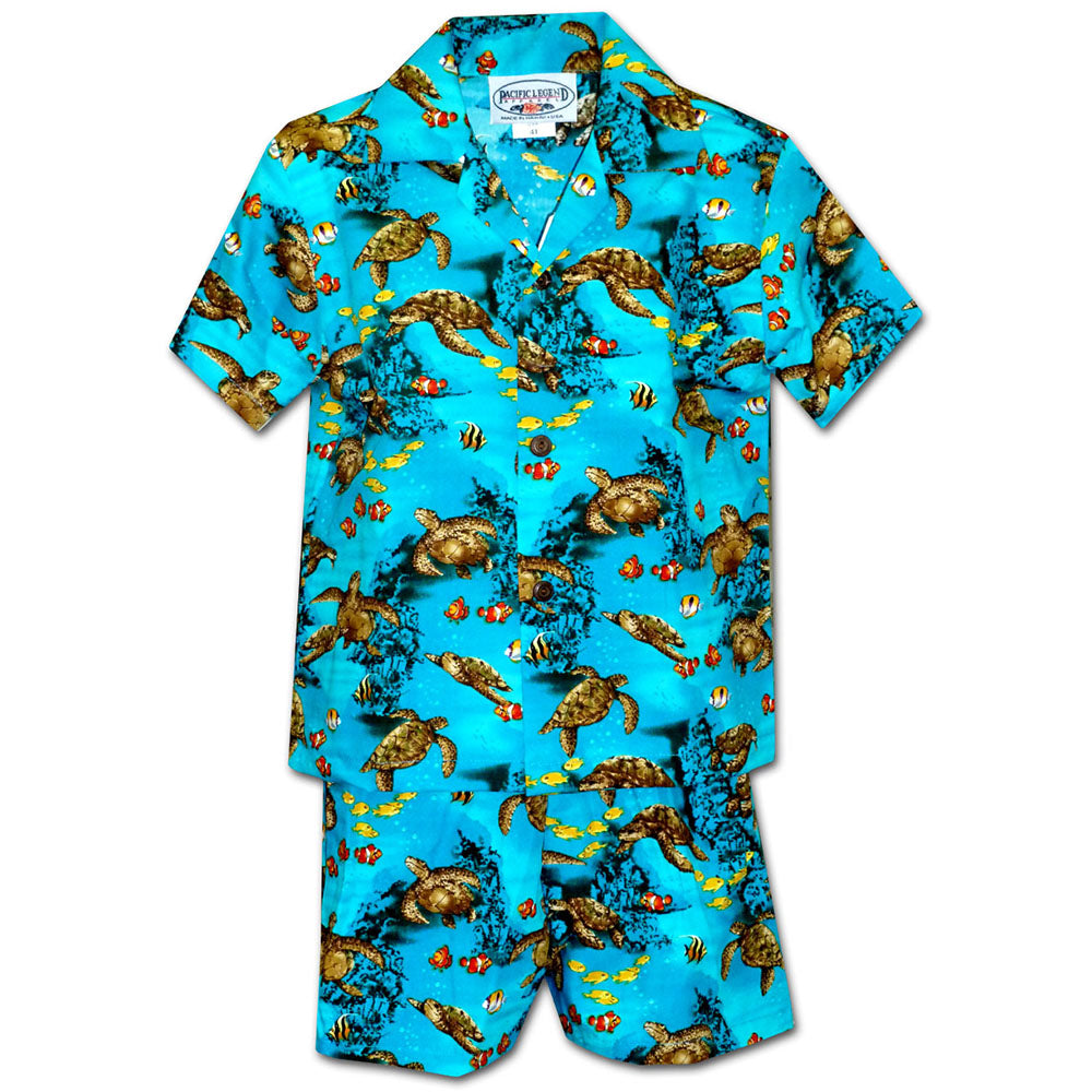 Turtle Reef Turquoise Boy's Hawaiian Shirt and Shorts