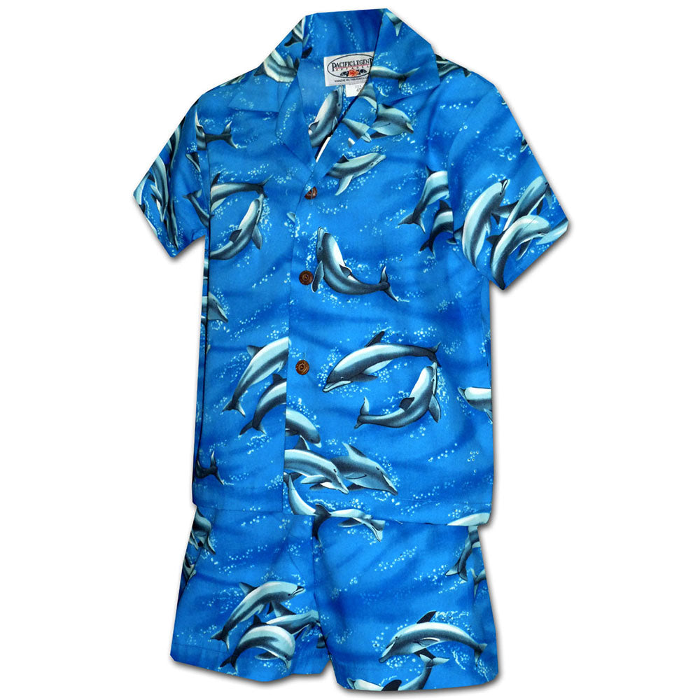 Pacific Legend Dolphin Day Boy's Hawaiian Shirt and Shorts 4T