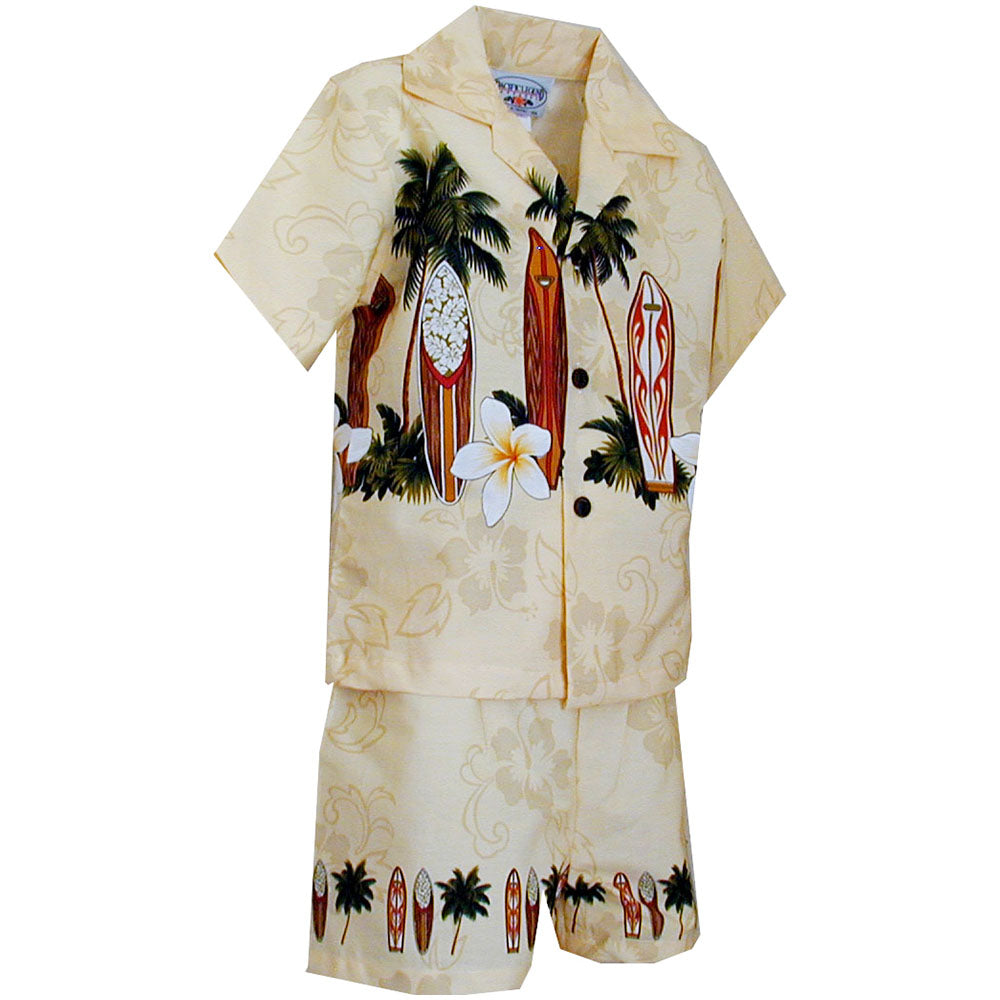 Standing Surfboards Khaki Boy's Hawaiian Shirt and Shorts