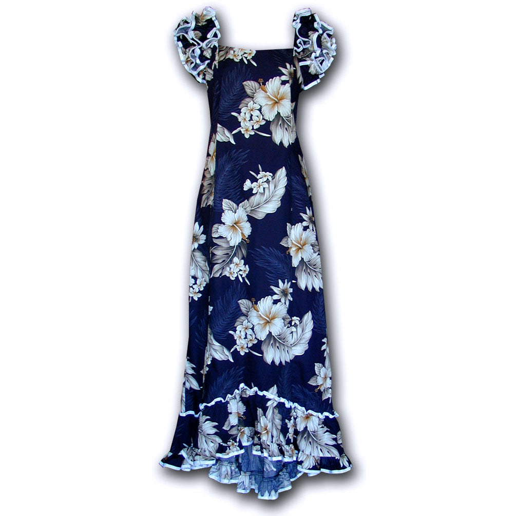 Pacific Legend - Floral Garden Navy Ruffle Shoulder Muumuu - Women's Hawaiian Dress Pacific Legend - Floral Garden Navy Ruffle Shoulder Muumuu - Women's Hawaiian Dress