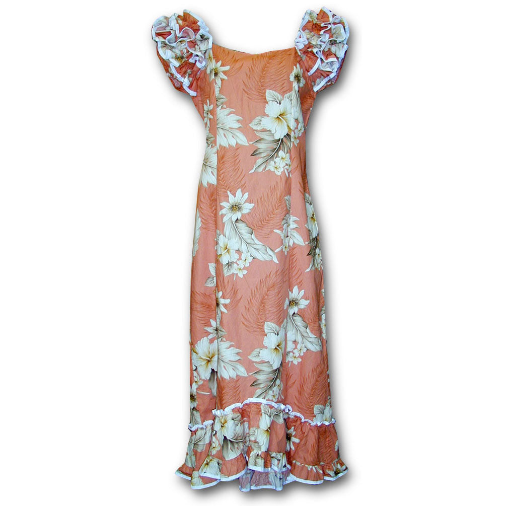 Pacific Legend - Floral Garden Peach Ruffle Shoulder Muumuu - Women's Hawaiian Dress - X-Small Pacific Legend - Floral Garden Peach Ruffle Shoulder Muumuu - Women's Hawaiian Dress - X-Small