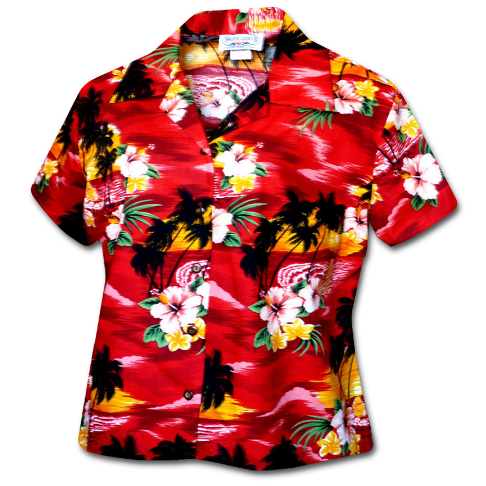 Sunset Waikiki Red Fitted Women's Hawaiian Shirt