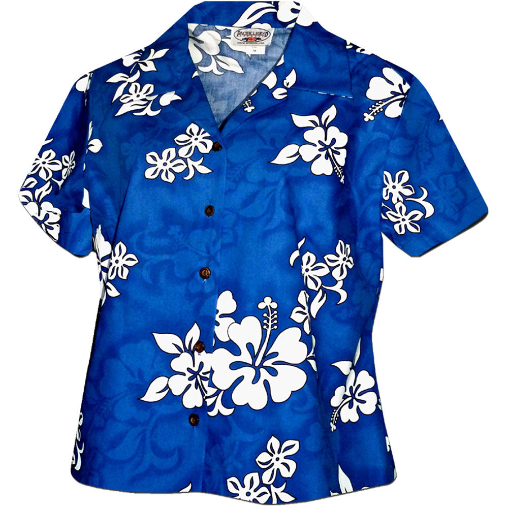 Starcove Blue Floral Women Hawaiian Shirt, Flowers Tropical Print Vintage Retro Hawaii Aloha Cool Button Up Down Ladies Cool Blouse XL