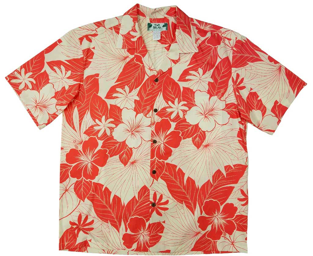 KY'S International Fashion White Hibiscus Panel Red Hawaiian Shirt Medium