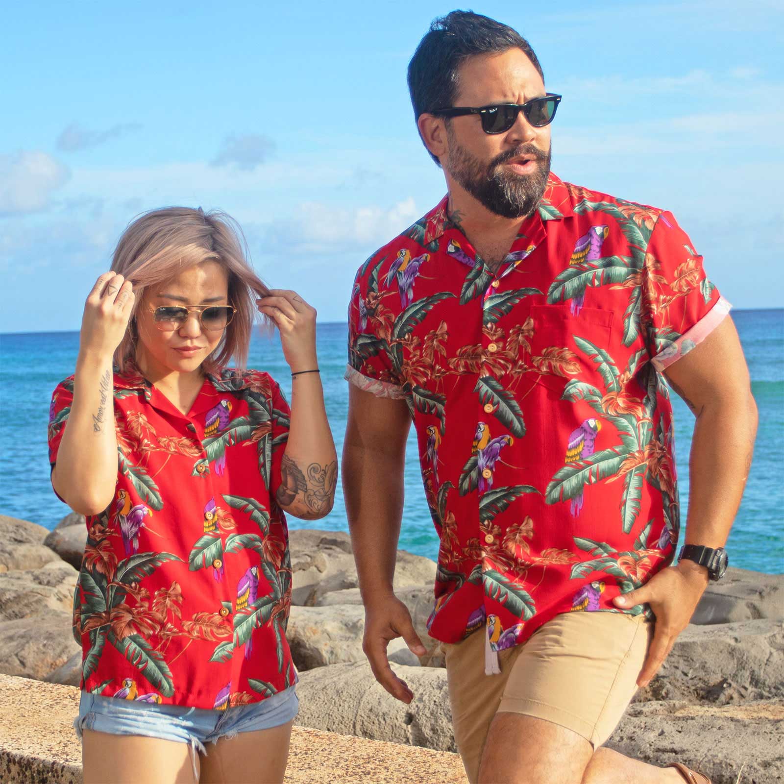 Magnum PI matching Hawaiian shirts and dresses