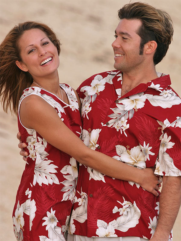 matching Floral Garden men's Hawaiian shirts and Women's dresses and shirts