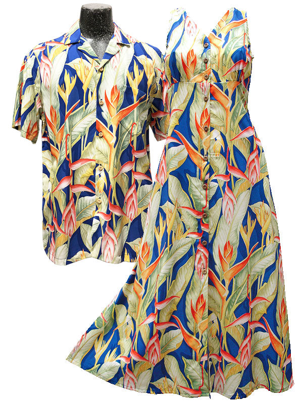 Heliconia Heaven matching men's Hawaiian shirts and Women's dresses and shirts