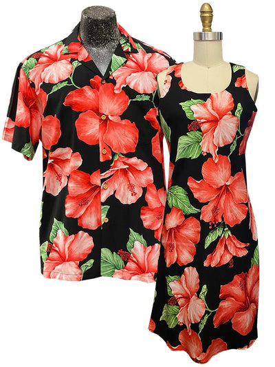 Super Hibiscus matching Hawaiian shirts and dresses by Paradise Found