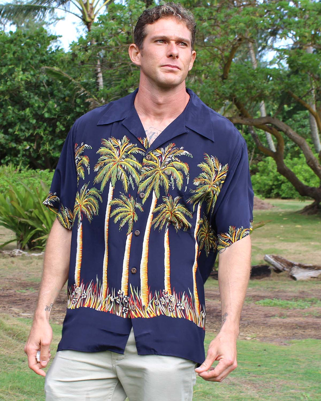 Palms Navy Retro Hawaiian Shirt