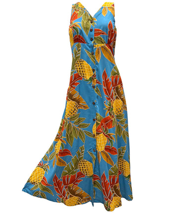 Blue Neon Pineapple Hawaiian Print Dress