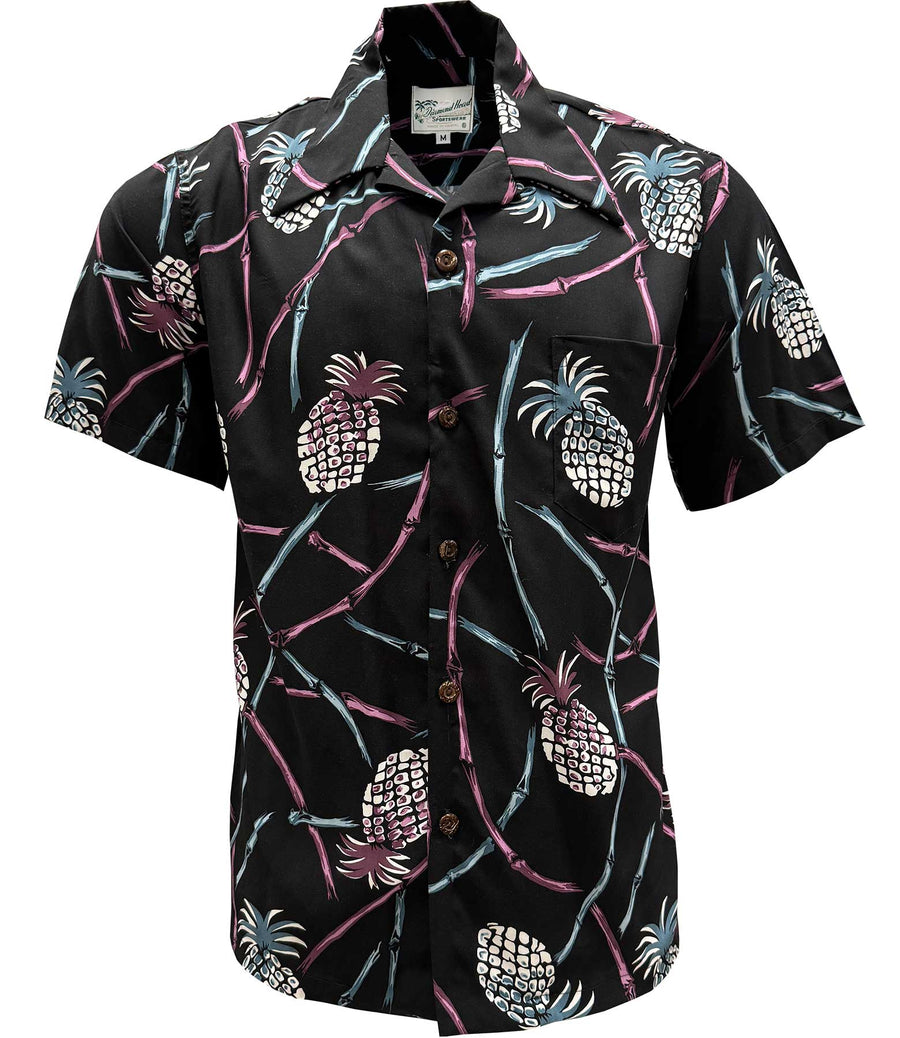 Vintage Print Hawaiian Shirts Hibiscus , Palm Tree , Pineapple - Black