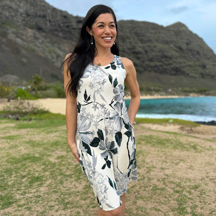 Watercolor Hibiscus Gray Tank Dress