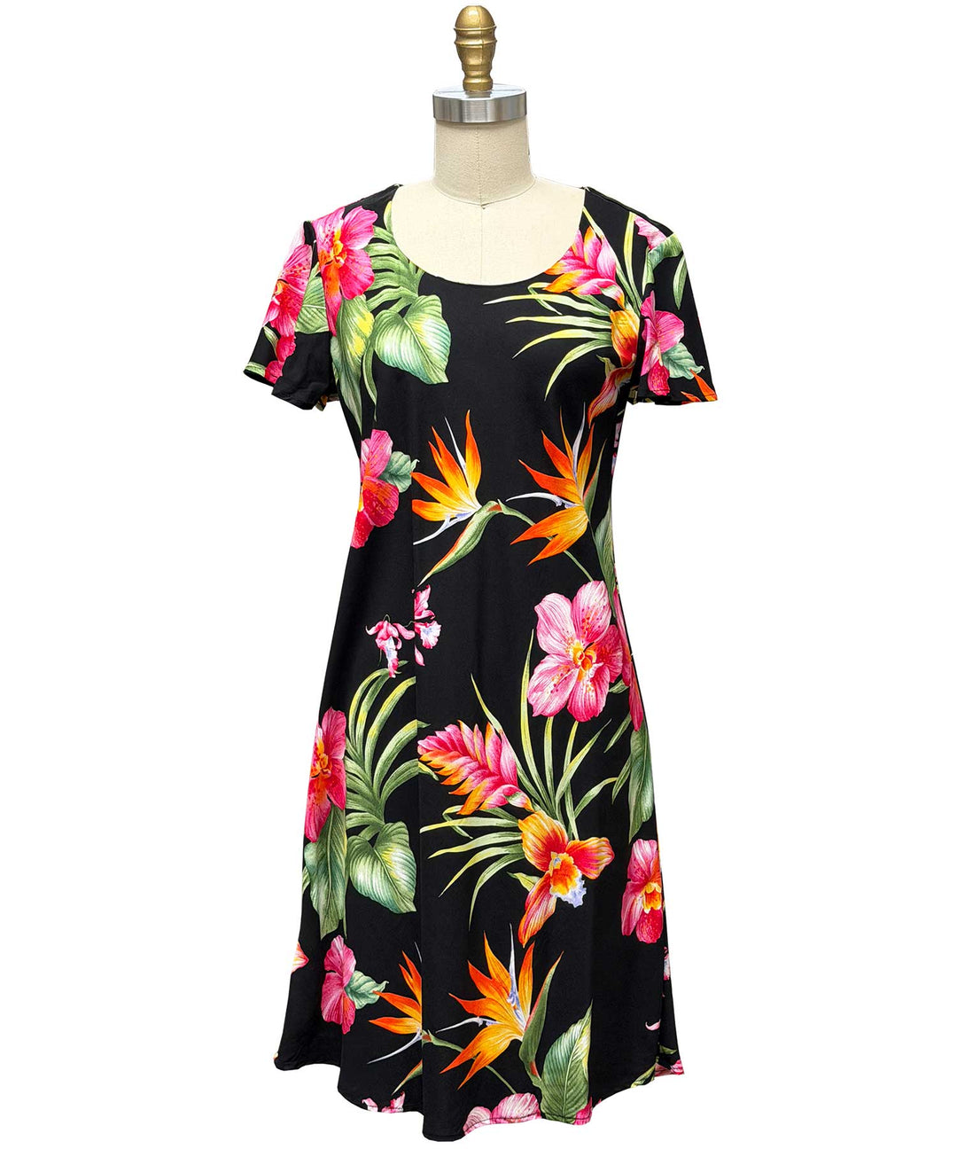 Blooms in Paradise A-Line Dress with Cap Sleeves - Black