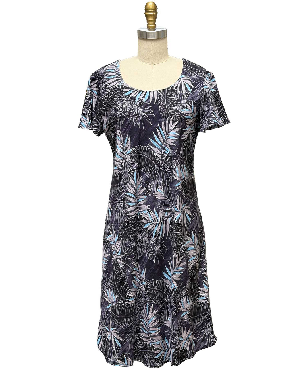 Midnight Palm A-Line Dress with Cap Sleeves - Black