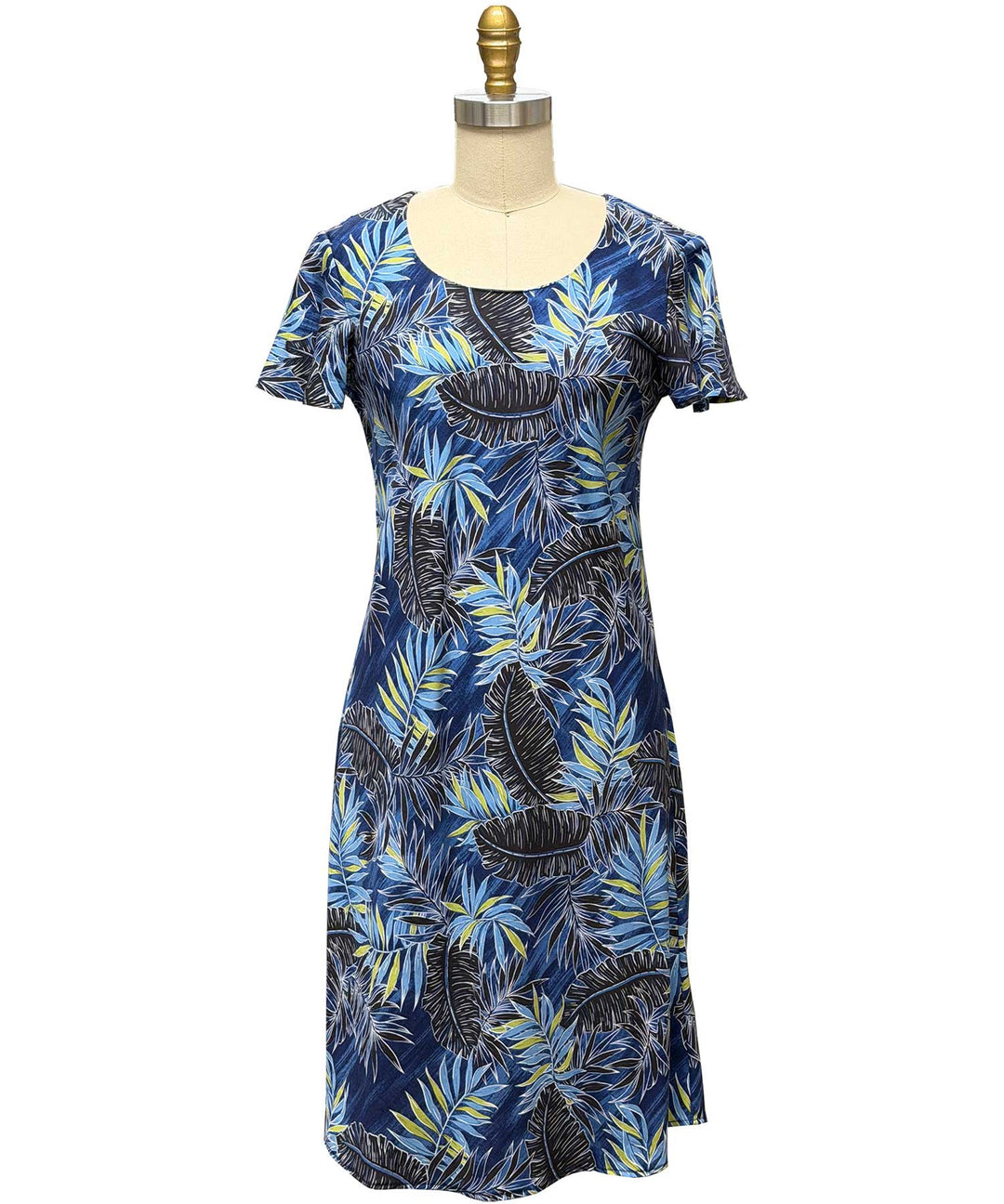 Midnight Palm A-Line Dress with Cap Sleeves - Navy