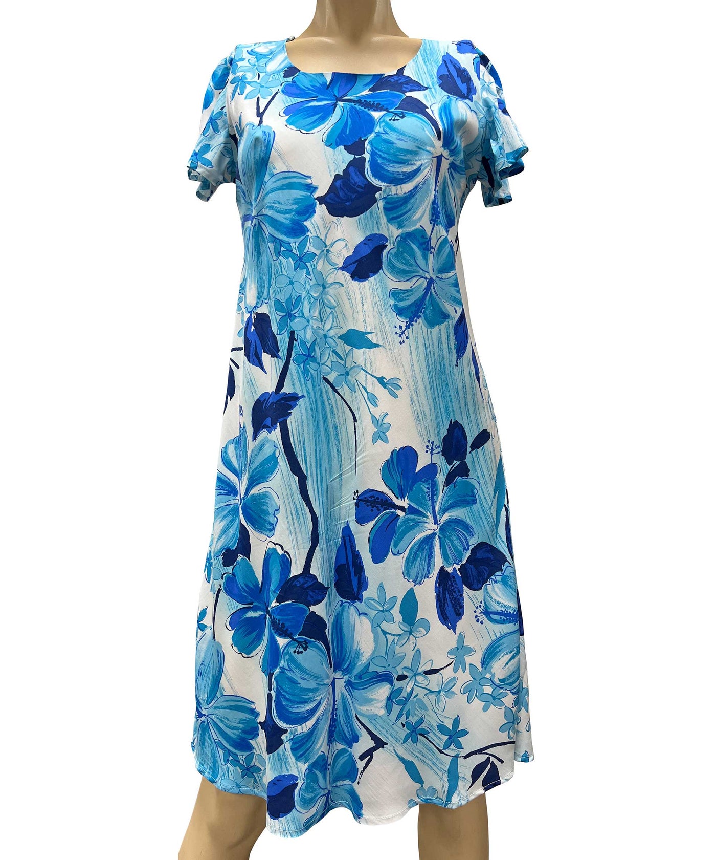 Watercolor Hibiscus Blue A-Line Dress with Cap Sleeves